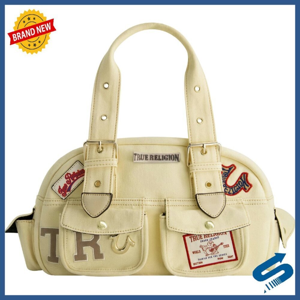 Denim Satchel Bag with Adjustable Strap, Multi-Patch Design, Spacious - Picture 1 of 7
